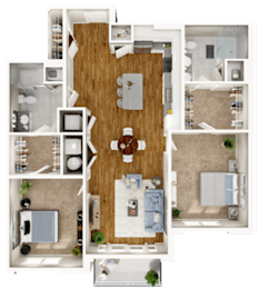 A 3D floor plan of a house with a kitchen, living room, dining room, and bedrooms.