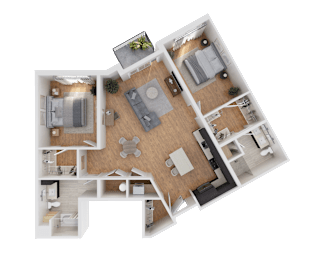 A top-down view of a house layout with a living room, kitchen, dining area, and bedrooms.
