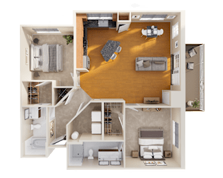 A top-down view of a house layout with a living room, kitchen, and bedrooms.