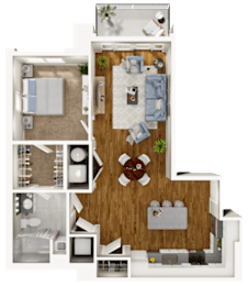 A detailed 3D floor plan of a small apartment layout.