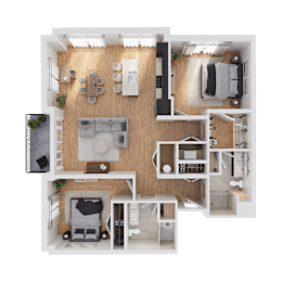 A top-down view of a house layout with a kitchen, living room, and bedrooms.