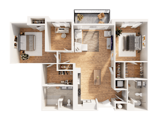 A top-down view of a two-story apartment layout with a living room, kitchen, dining area, and bedrooms.