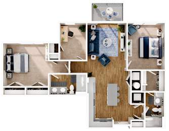 A floor plan of a house with a kitchen, living room, dining room, and two bedrooms.
