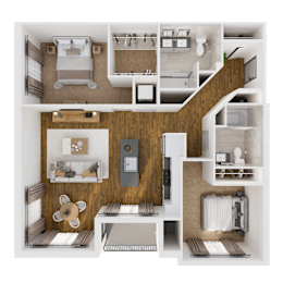 A detailed 3D floor plan of a modern apartment.