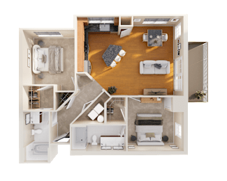 A 3D floor plan of a house showing a kitchen, living room, and two bedrooms.