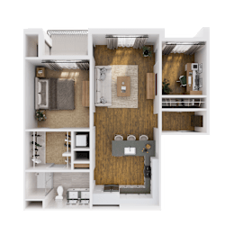 A detailed 3D floor plan of a modern apartment layout.
