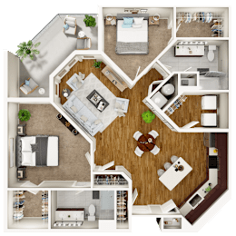 A detailed 3D floor plan of a house layout.