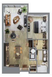 3d floor plan of a house with a bedroom and a living room at Bemiston Place Apartments, Missouri, 63105