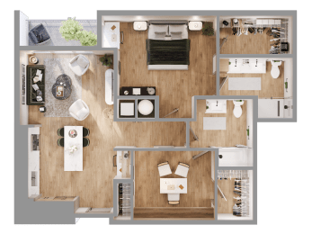 a 3d rendering of a floor plan of a house at Bemiston Place Apartments, Missouri