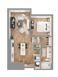 a 3d rendering of a bedroom and living room with a wood floor at Bemiston Place Apartments, Missouri, 63105