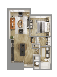 a 3d rendering of a floor plan of a bedroom at Bemiston Place Apartments, Clayton, MO