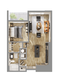 3D floor plan of studio apartment at Bemiston Place Apartments, Clayton, 63105