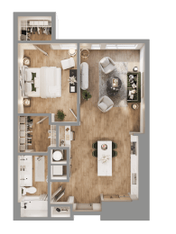 a 3d rendering of a bedroom and living room with a wood floor at Bemiston Place Apartments, Missouri, 63105