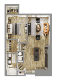 a 3d rendering of a floor plan of a bedroom at Bemiston Place Apartments, Missouri