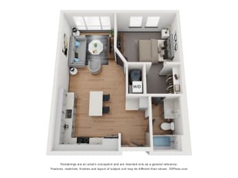 1 bed 1 bath A3 Floor Plan at 2200 LaSalle, St Louis