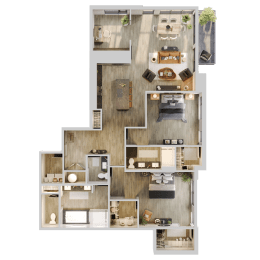 3d floor plan of a house with bedrooms and a living room at Bemiston Place Apartments, Missouri