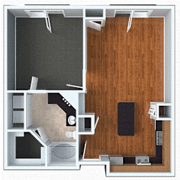 A dollhouse living room with a grey floor and a wooden floor.
