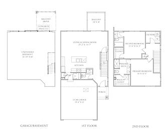 A drawing of a two-story house plan with labeled rooms.