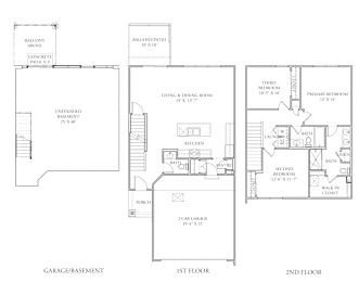 A drawing of a two-story house with a garage and basement.