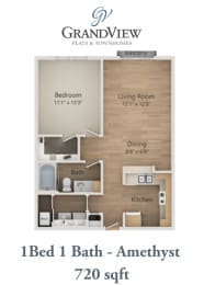One bedroom one bath floor plan layout at GrandView Flats and Townhomes Apartments, Granger, IN