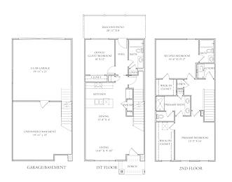 A floor plan of a two-story house with a garage and basement.