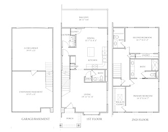 A floor plan of a two story house with a garage.