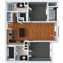 Two bedroom floor plan with open layout at The Landing Apartments, St. Louis, MO