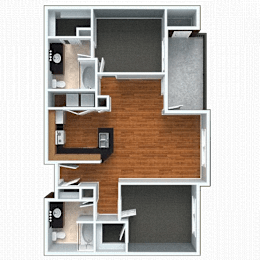 Two bedroom apartment 3D floor plan layout at The Landing Apartments, St. Louis, Missouri