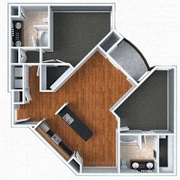 A 3D floor plan of a house with a kitchen, living room, and bathroom.