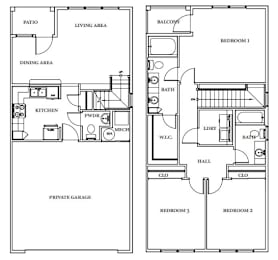 Two story townhome floor plan with garage at GrandView Flats and Townhomes Apartments, Indiana, 46530