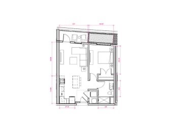 1  Bed   1  Bath   570 Sq. Ft. Barcelona III - South A3b Floor Plan at Expo at Forest Park, St. Louis