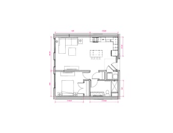 1  Bed   1  Bath   624 Sq. Ft. Barcelona IV - South A3c Floor Plan at Expo at Forest Park, Missouri