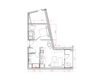 1  Bed   1  Bath   589 Sq. Ft. Brussells II Type A - South A5 Floor Plan at Expo at Forest Park, St. Louis, MO, 63112