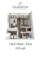 3D floor plan rendering one bedroom one bathroom at GrandView Flats and Townhomes Apartments, Granger, IN 46530