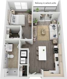 1 Bed 1 Bath Fox Floor Planat The Flats & Terraces at Wildhorse Village, Chesterfield, MO