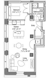 One bedroom floor plan with open living and dining area at The Georgian Apartments, St Louis, Missouri