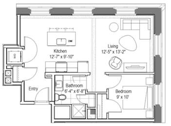 Studio floor plan with separate bedroom alcove at The Georgian Apartments, St Louis