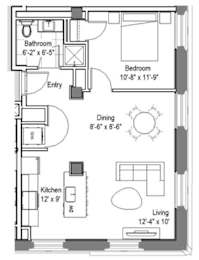 One bedroom floor plan with dining area at The Georgian Apartments, Missouri