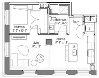 Studio floor plan with open kitchen and living space at The Georgian Apartments, St Louis, MO 63104