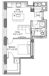 Studio floor plan with living and dining areas at The Georgian Apartments, St Louis, MO