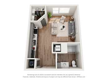 A 3D floor plan of a small apartment with a kitchen, living room, and bathroom.