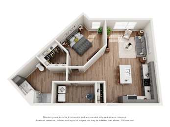 A 3D floor plan of a small apartment with a kitchen, living room, and bedroom.