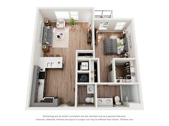 A 3D floor plan of a small apartment with a living room, kitchen, and bedrooms.