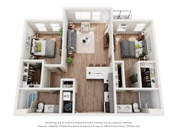 A 3D floor plan of a small apartment with a living room, kitchen, and two bedrooms.