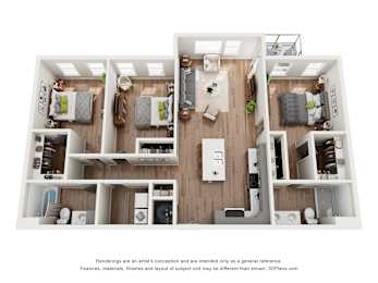 A 3D floor plan of a house with a kitchen, living room, and two bedrooms.