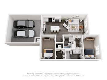 A 3D floor plan of a house with two bedrooms, a living room, a kitchen, and a garage.