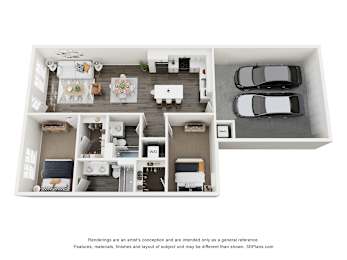 A 3D floor plan of a house with a living room, dining room, kitchen, and two bedrooms.