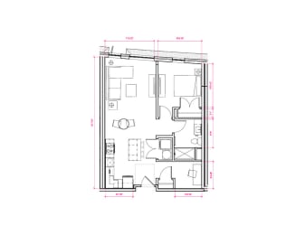 1  Bed   1  Bath   766 Sq. Ft. Naples II - South B1a 1x1 Den Floor Plan at Expo at Forest Park, St. Louis, Missouri