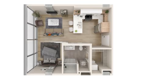 a floor plan of a studio apartment with a bedroom and a living room  at One Foundry Way, St. Louis, 63110