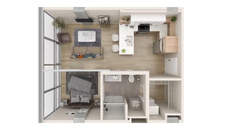 a floor plan of a studio apartment with a bedroom and a living room  at One Foundry Way, Missouri, 63110